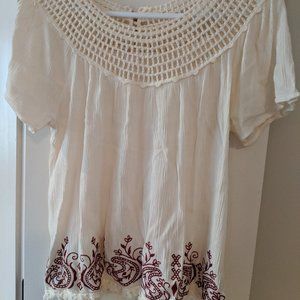 Boho embroidered crocheted cream and burgundy top